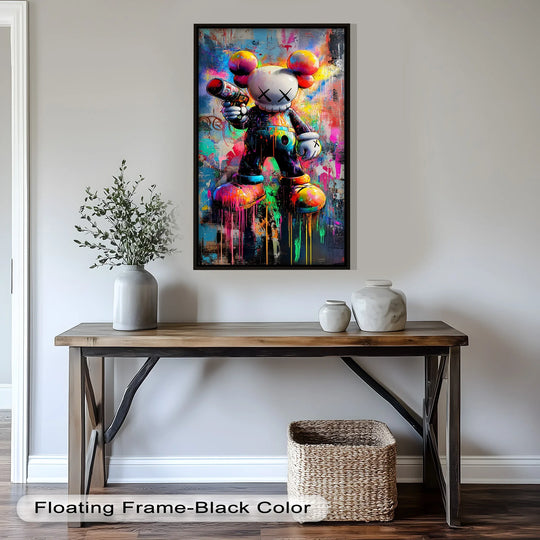 An abstract, graffiti-inspired oil painting reproduction print of the KAWS Street Blaster character bursts with vibrant neon colors and dynamic textures.