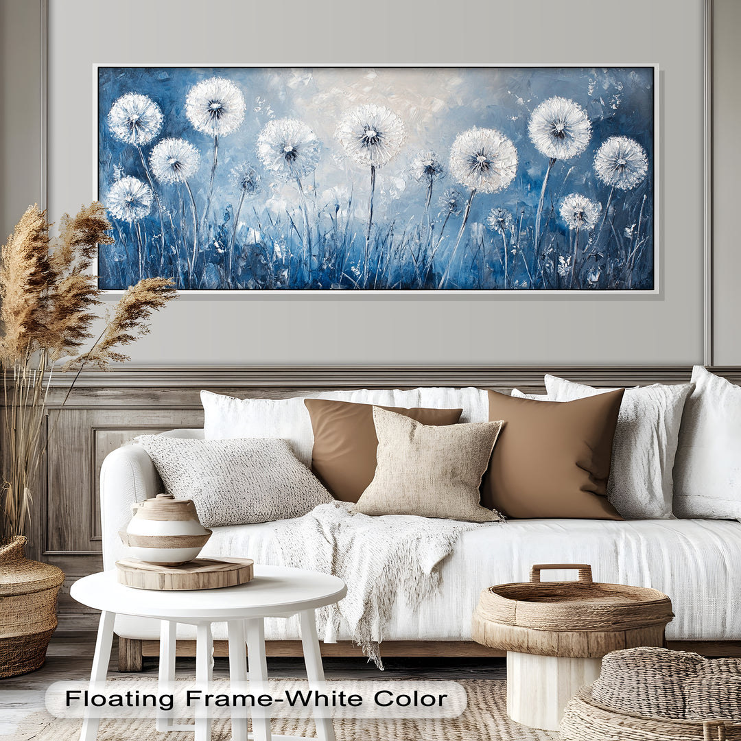 A dreamy abstract painting of white dandelions in a soft blue field, with delicate textures and a calming atmosphere.
