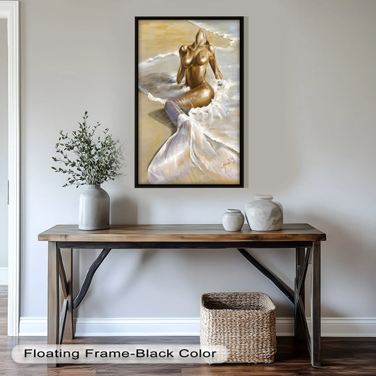 Black framed oil painting art prints highlight a sensual, golden mermaid emerging from the sea, a visually captivating focal point.