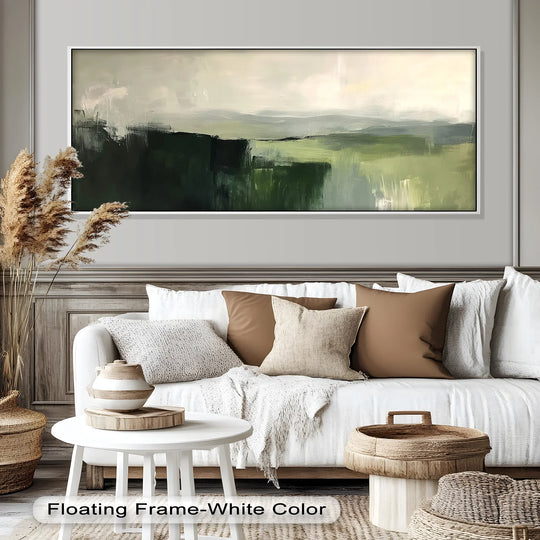 The focal point of this Misty Valley Horizon oil painting showcases modern oil painting art with green abstract strokes creating a serene landscape in soft, foggy tones.