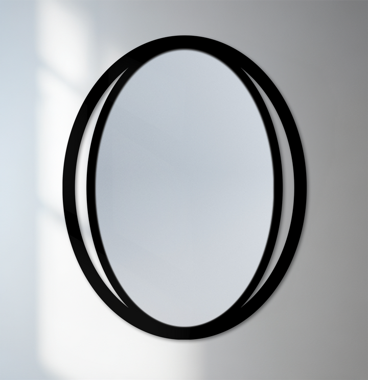 Brightest area showcases a sleek, modern, double eclipse oval wall mirror, a stylish bathroom mirror with a dual frame offering a minimalist design.