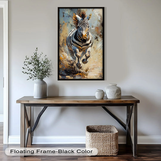 Celebrating the organic forms, this modern oil painting art captures a charging zebra amid a dust storm, showcasing the wildlife animal's power with energetic brushstrokes.