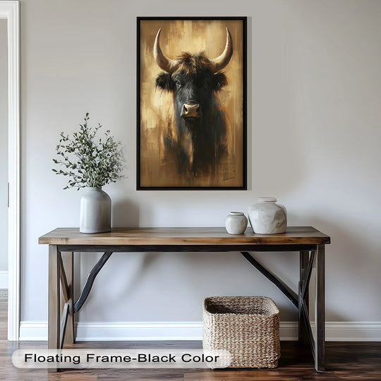 Majestic bull in amber tones, a striking animal artwork that is an oil painting reproduction print, brings strength and character to any room.