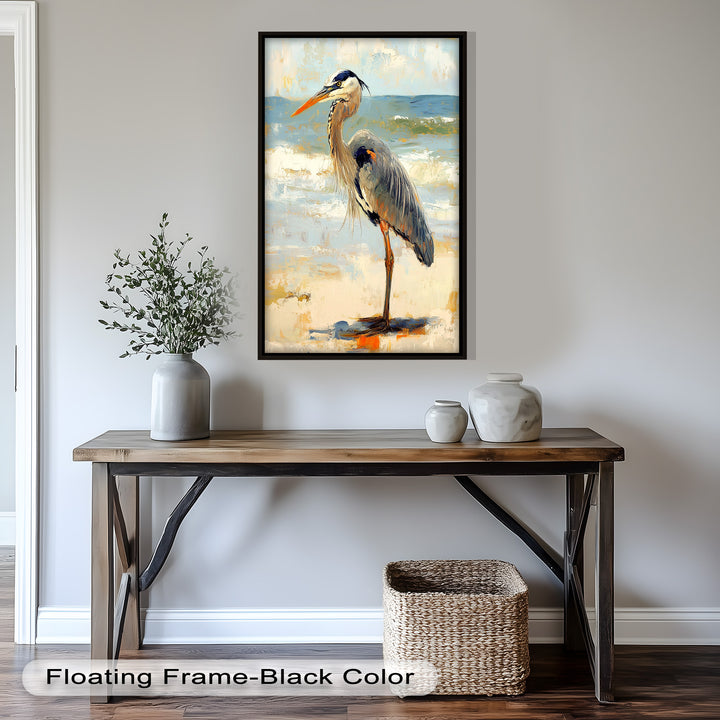 Elegant Heron Standing on Shoreline – Framed Oil Painting