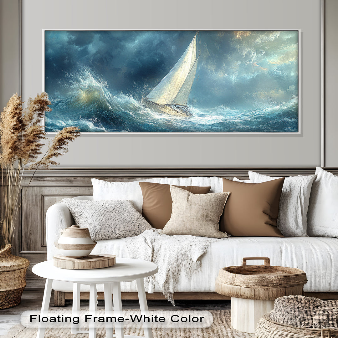 Into the Surge – Sailboat Battling Ocean Waves Oil Painting