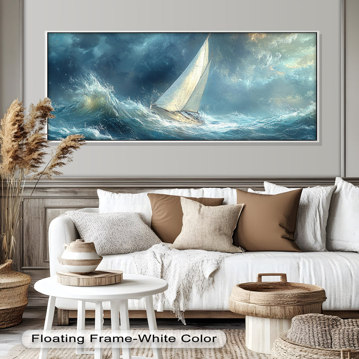 Into the Surge – Sailboat Battling Ocean Waves Oil Painting