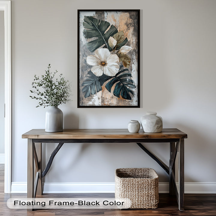 White Bloom and Tropical Leaves - Flower Oil Painting