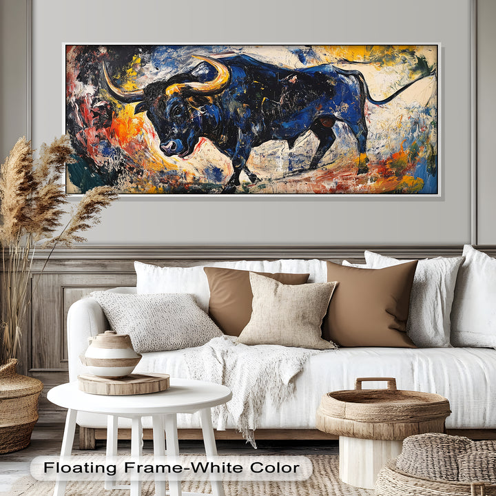 Fierce Blue Bull in Motion – Abstract Oil Painting