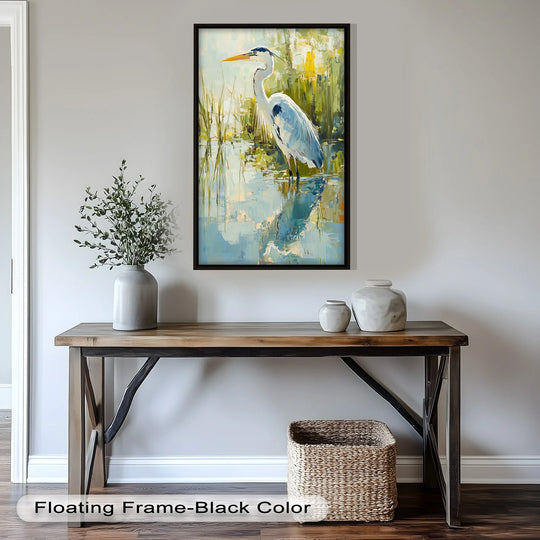 Black floating frame enhances the modern oil painting art finish of this 'Reflections of Grace' heron in wetlands oil painting, complementing its textures and colors.