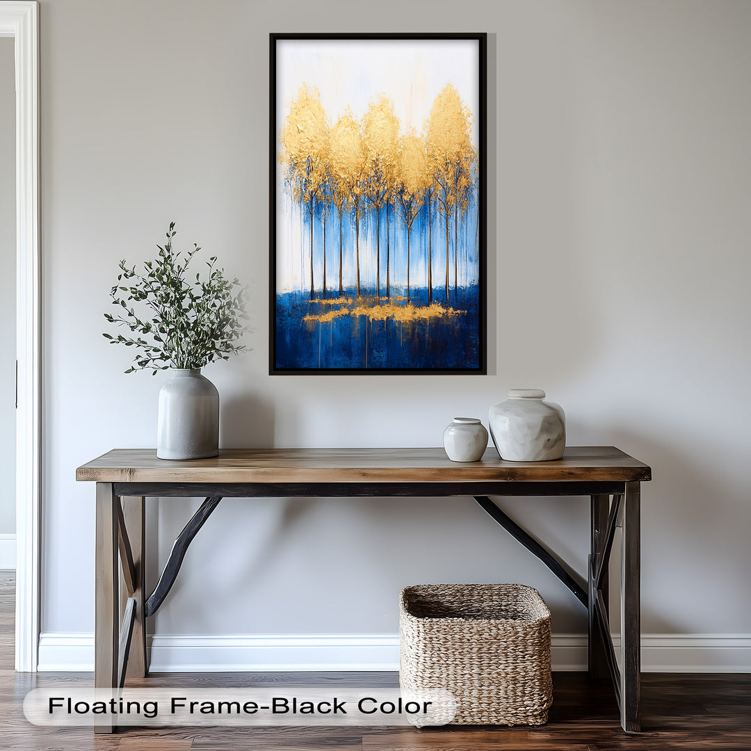 Goldene Bäume am blauen Horizont - Abstraktes Ölgemälde
