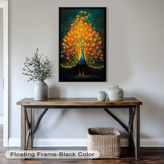 Repeated, eye-catching patterns create a visual rhythm in this animal oil painting artwork that showcases a peacock with its fiery, bright feather display.
