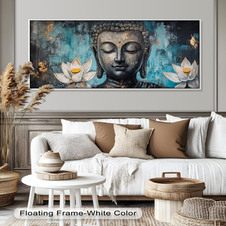 A harmonious blend of spirituality and nature, featuring Buddha’s calm expression framed by luminous lotus blossoms and abstract tones.