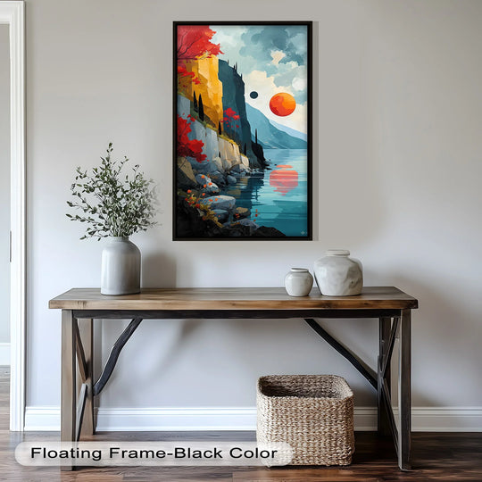 Undulating organic forms comprise the cliffs and reflective waters in this celestial cliffs oil painting artwork, offering a dreamlike surreal coastal landscape.