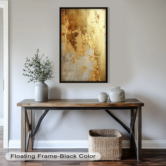 The gilded essence abstract oil painting reproduction print creates a dynamic sense of movement with its textured gold strokes appearing to cascade down the canvas.