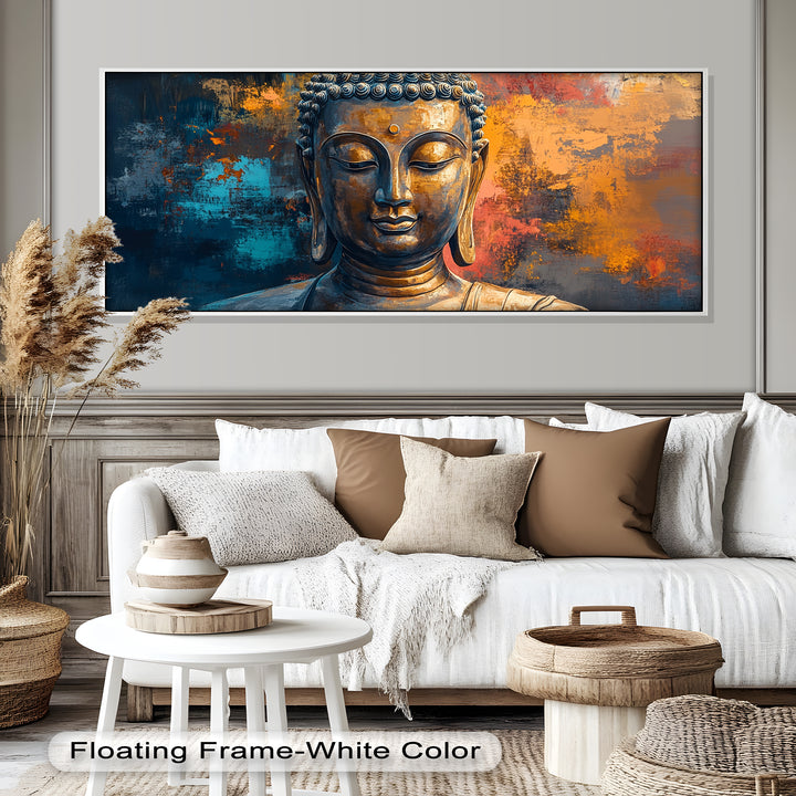 An expressive artwork of the Buddha with a calm expression, surrounded by dynamic splashes of blue, orange, and gold.