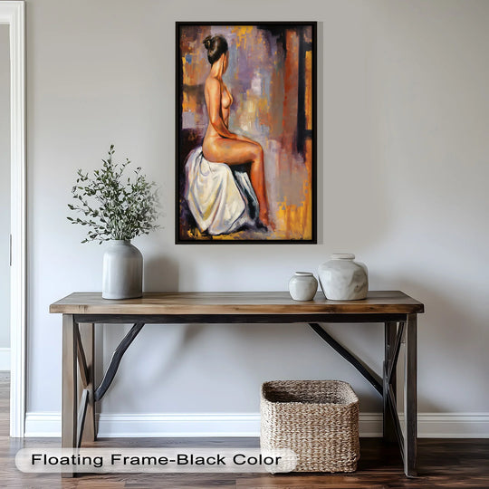 Evoking a sense of fluid motion, this figurative nude abstract oil painting art prints captures the subject in a poised moment of contemplation.
