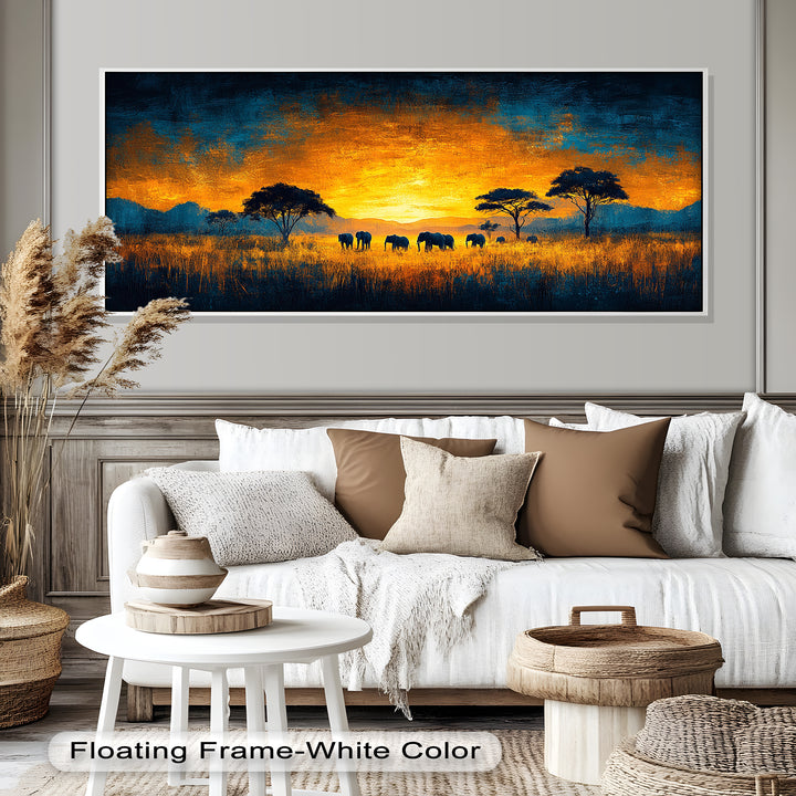 Golden Savannah Sunset – Elephant Silhouette Oil Painting