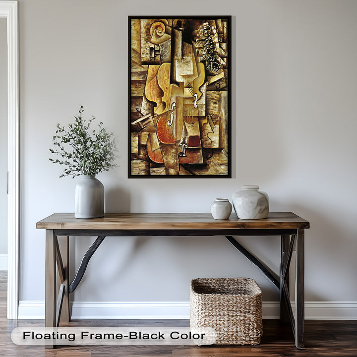 A dynamic cubist still life combining classical instruments and natural elements in a puzzle-like arrangement of shapes.