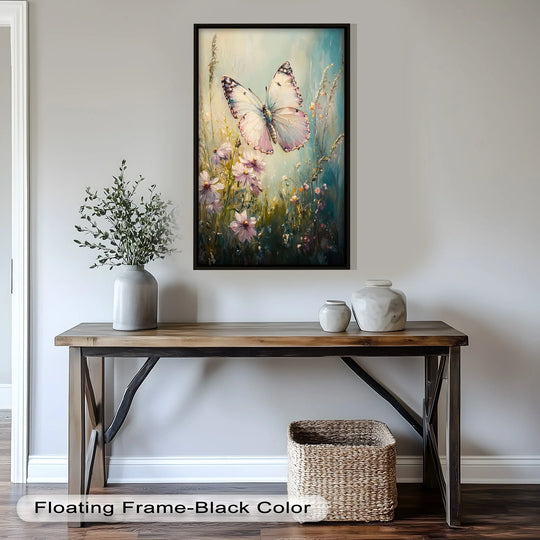 Organic forms intertwine in the 'Butterfly Among Wildflowers' oil painting decoration, depicting the butterfly's wings and petals with gentle curves.