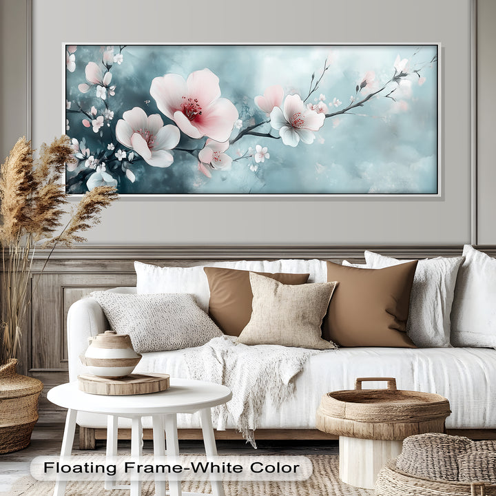 Soft Pink and White Petals on Tranquil Blue - Flower Oil Painting