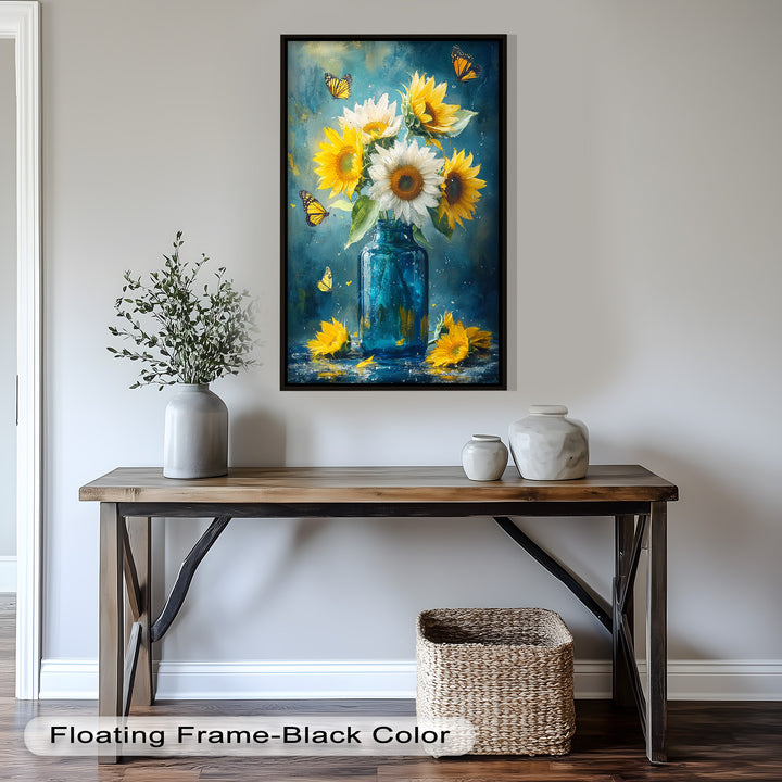 Sun-Kissed Radiance – Sunflowers in Blue Jar Flower Oil Painting