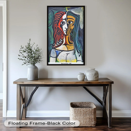 Halved portrait captures a striking color transition, showcasing the oil painting artwork's contrasting warm reds and cool blues in a modern abstract design.