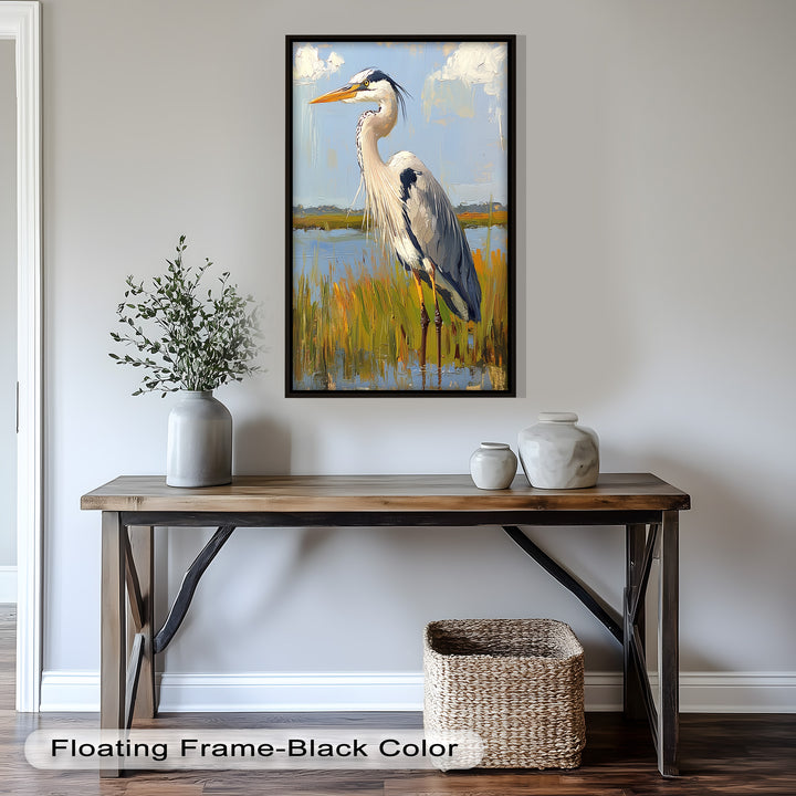 Heron in Sunlit Wetlands – Modern Oil Painting