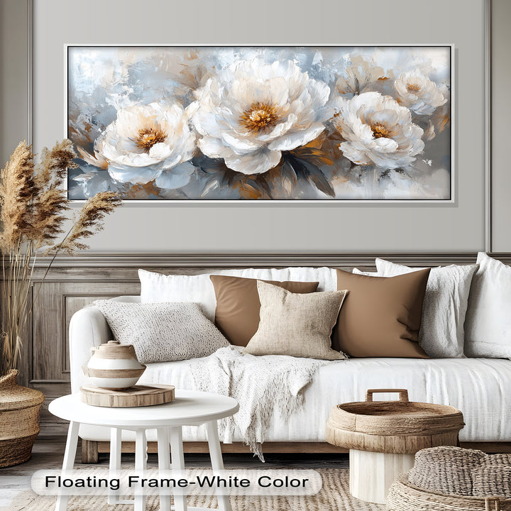 White Petals on Soft Neutral Background - Flower Oil Painting