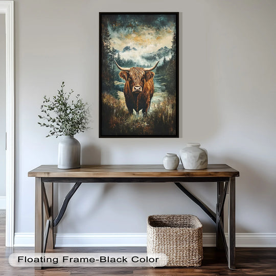 With a black floating frame finish, this wilderness oil painting home decor of a highland cow in misty pines adds a rustic, textured touch to any room.