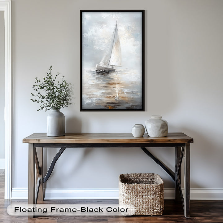 Sailing Through the Mist – White Boat Oil Painting