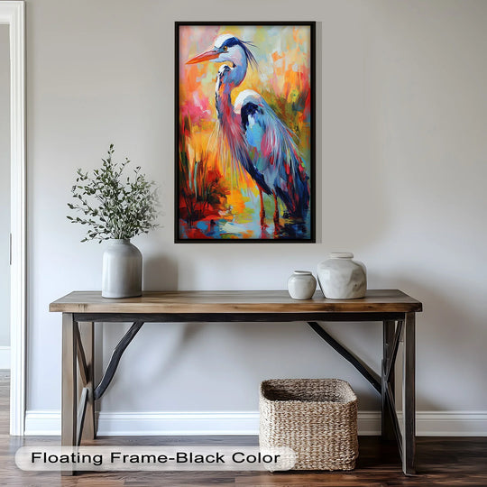 Showcasing the layering effect, this colored heron in abstract color splash is an oil painting art piece, enhancing the animal oil painting with depth and vibrancy.