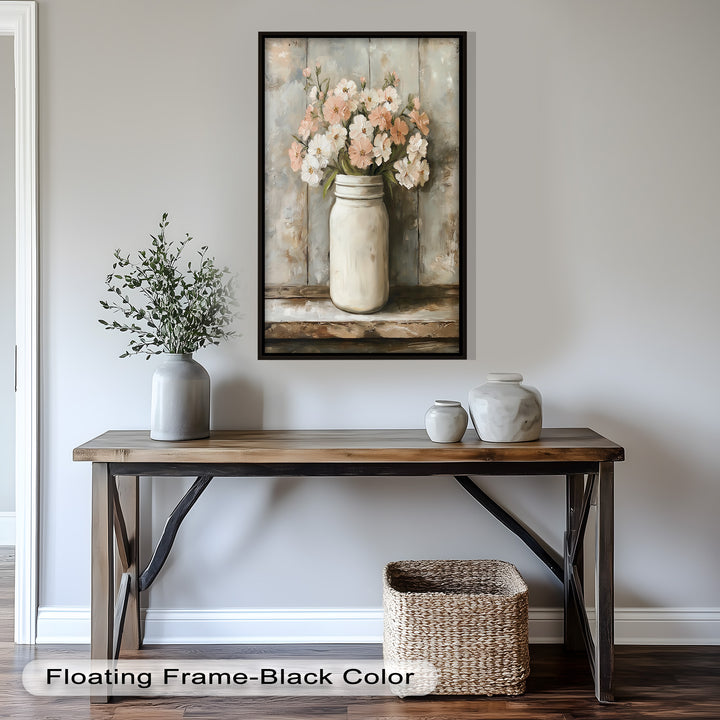 Blush & Cream Blooms – Rustic Mason Jar Flower Oil Painting
