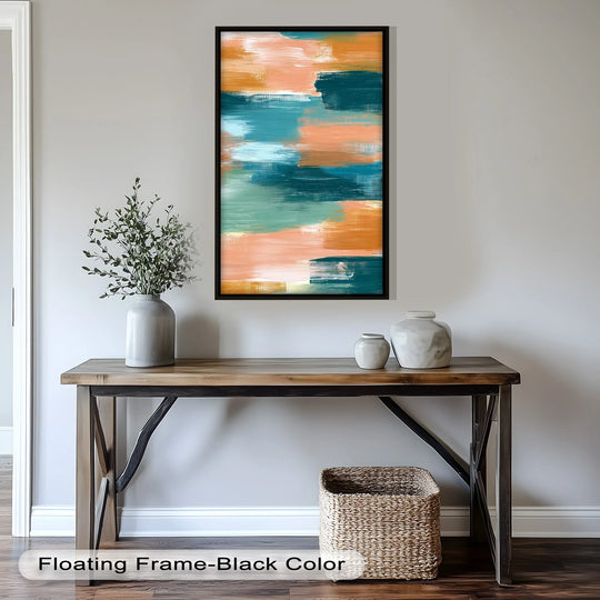 Canvas wall art features a floating black border framing a bold abstract oil painting with earth-toned brushstrokes