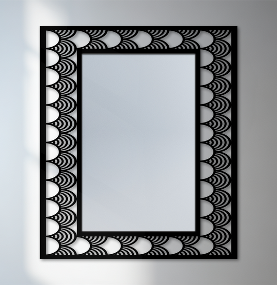 A subtle gray wall creates a neutral backdrop for a modern wall mirrors featuring an art deco wave pattern frame in black metal design.