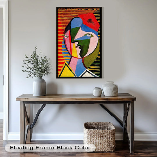 Layering colors define this Split Gaze abstract portrait as a striking oil painting art prints, showcasing a colorful and visually arresting effect.