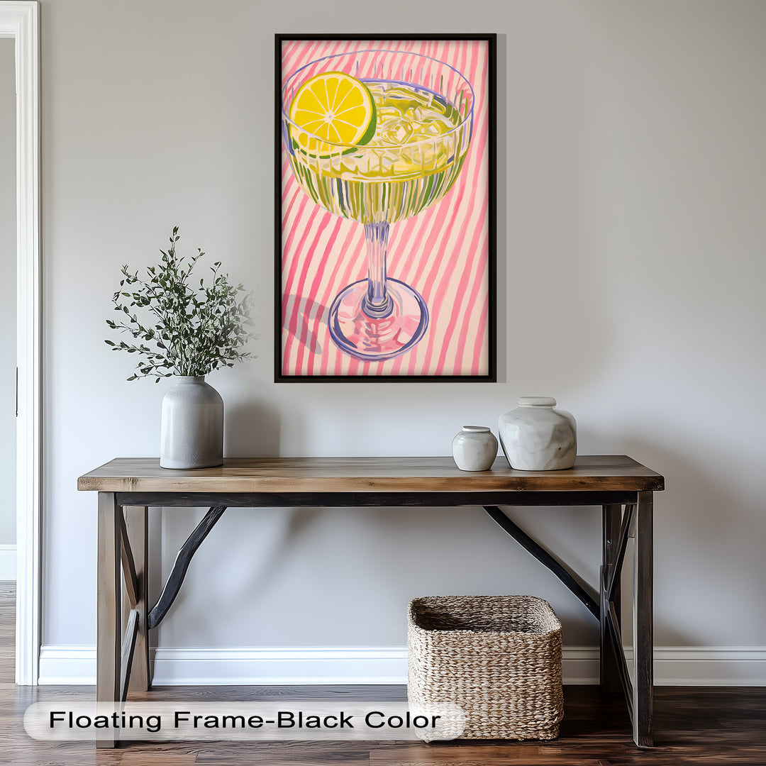 The slice of lime and glistening ice cubes add a lively, zesty touch, making this piece perfect for modern kitchens, bars, or lively interiors.

