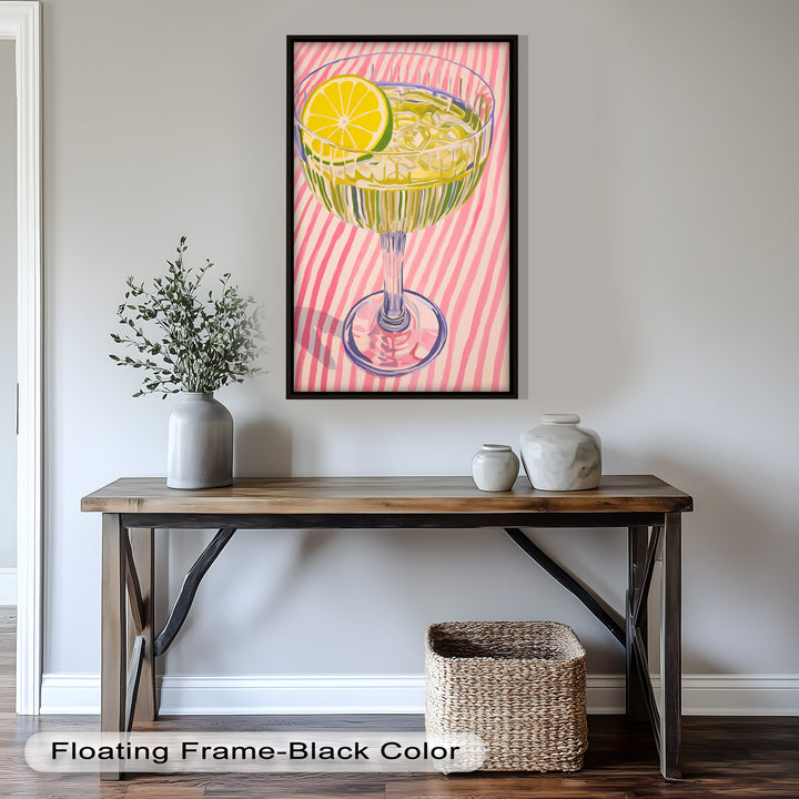 The slice of lime and glistening ice cubes add a lively, zesty touch, making this piece perfect for modern kitchens, bars, or lively interiors.

