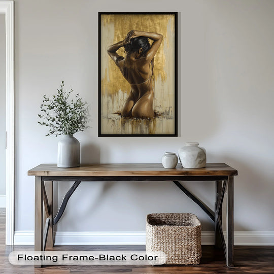 Rectangular oil painting artwork featuring the geometric interplay of the figure and gold backdrop, set within a rectangular black frame above a geometric table.