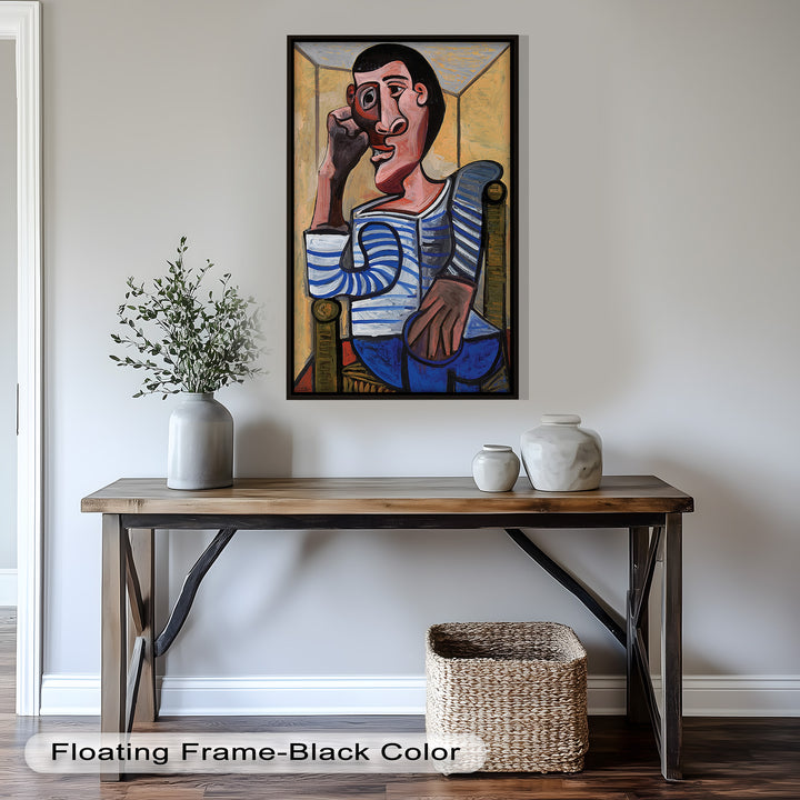 Melancholy in Stripes – Seated Man with Blue Shirt Picasso Oil Painting