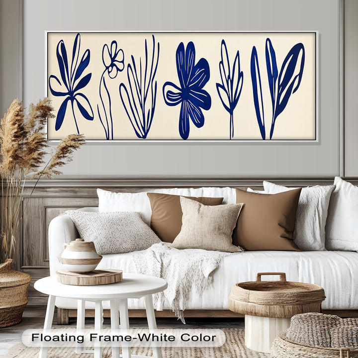 Indigo Bloom Line Art – Minimalistisches florales Ölgemälde