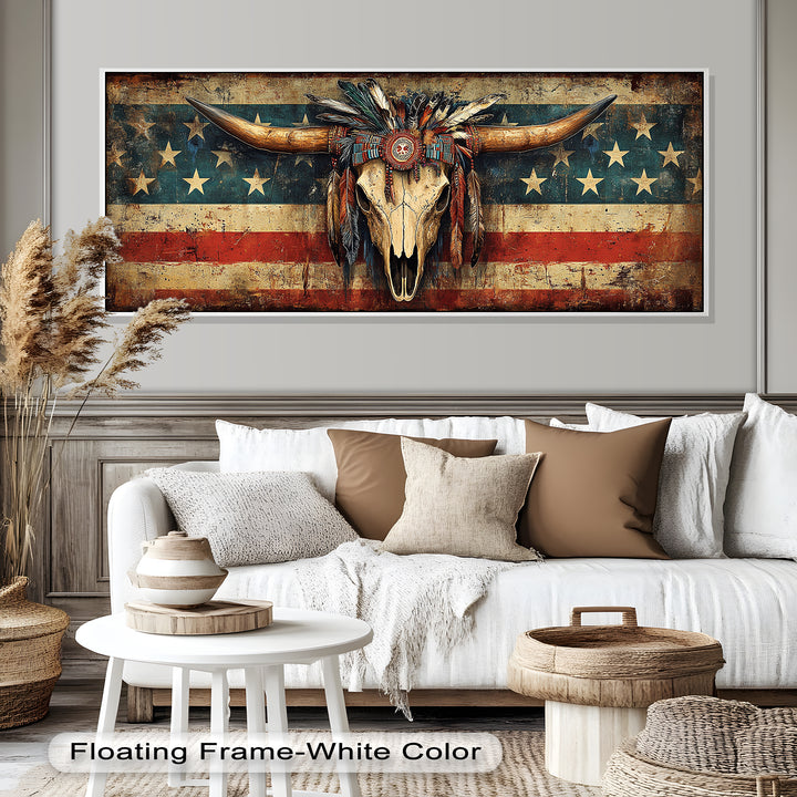 Tribal Longhorn Totenkopf mit Kopfschmuck – Amerikanisches Ölgemälde