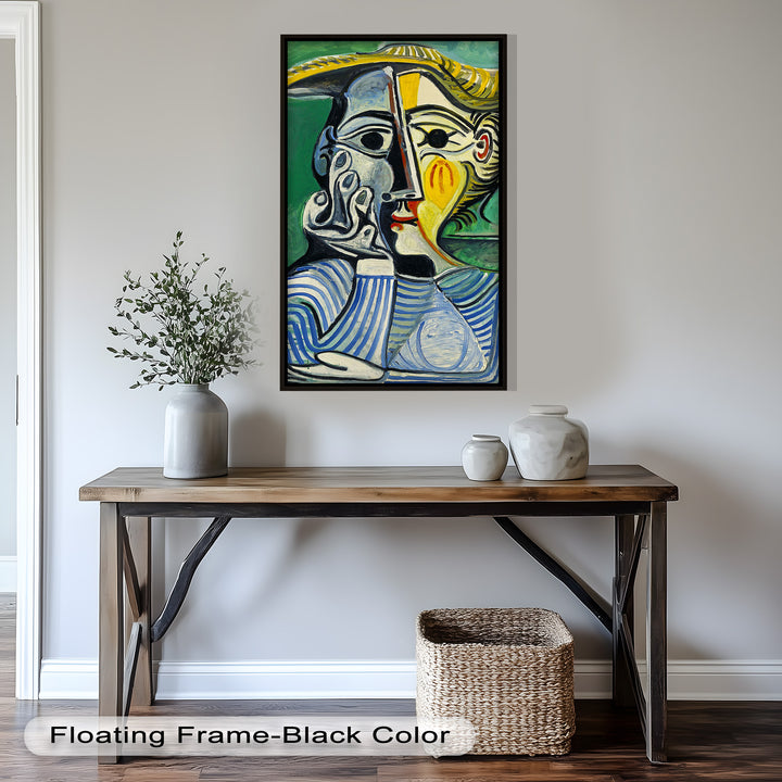 Nachdenklicher Blick – Gestreifte Frau mit Sonnenhut Picasso Ölgemälde