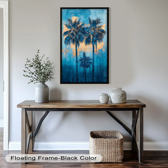 Vibrant color saturation enhances this tropical oil painting art piece, featuring sunset palms in a striking palette of bold blue and gold tones.