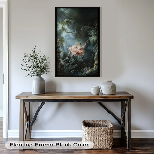 Visible brushstrokes define the surface texture of this oil painting art prints reproduction, “Whims of the Garden,” capturing a Rococo swing scene with rich garden detail.