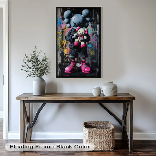 Brightest area of the modern oil painting art highlights the teddy bear held by the iconic figure in this 'Embrace the Chaos – KAWS Oil Painting'.
