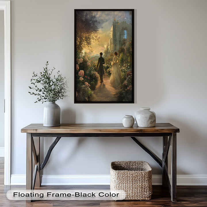 Victorian Lovers at Twilight – Romantic Garden Walk Oil Painting
