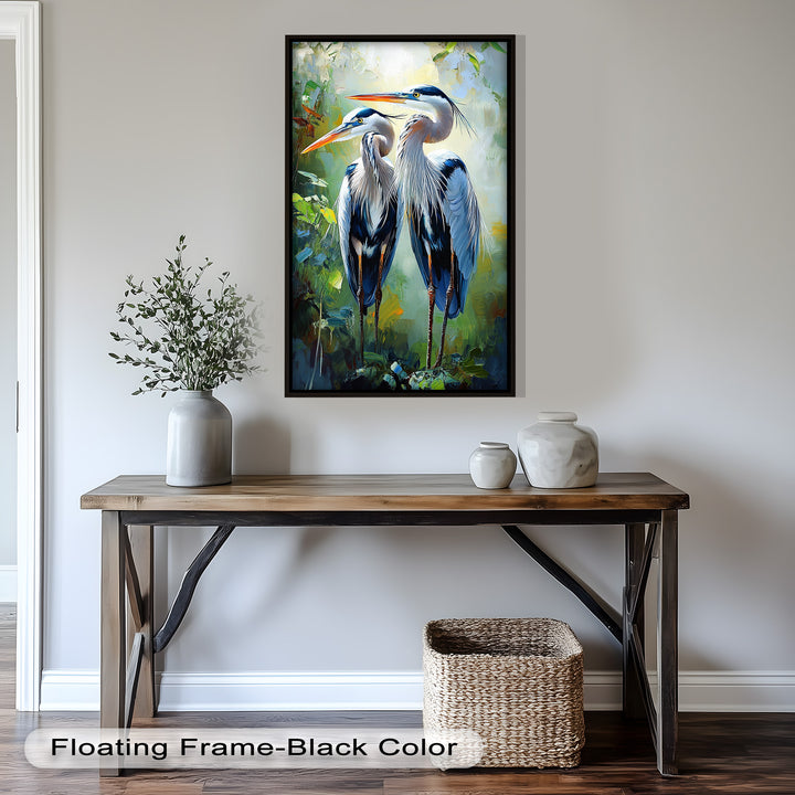 Pair of Herons in Forest Light – Animal Oil Painting