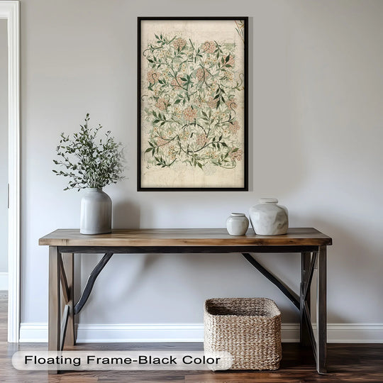 Black finish frames the tangled blossoms botanical vine pattern, enhancing this oil painting reproduction print, while displayed above a rustic console table.
