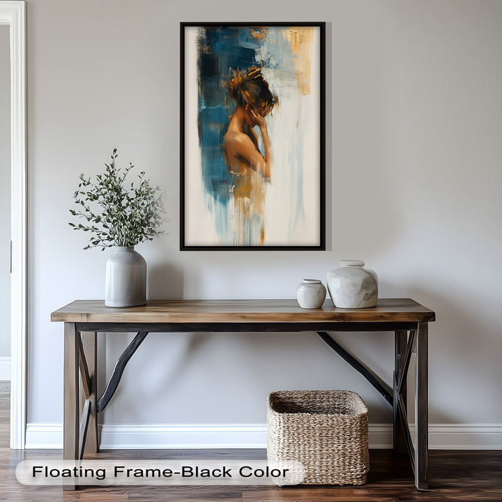 Veil of Thought – Introspective Woman in Blue and Gold Abstract Oil Painting