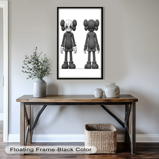 Highlighting depth and layers, the minimalist KAWS figure in this oil painting wall art creates a layered composition in monochromatic black and white tones.